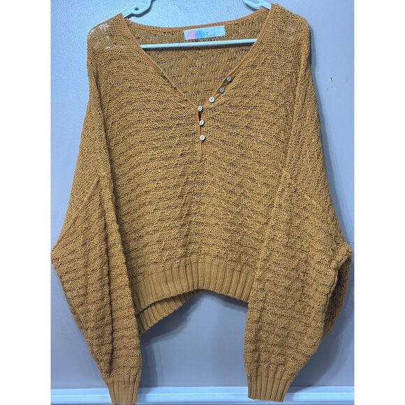 Free People Boho Slouchy Shoulder Mustard Yellow Crochet Crop Top Sweater Medium - Picture 2 of 10